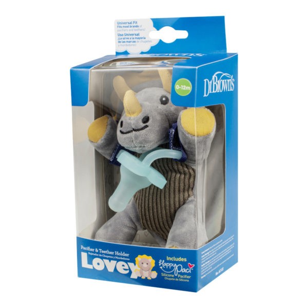 Product image of triceratops lovey pacifier and teether holder
