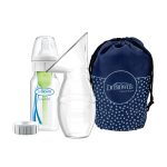 Product image of silicone breast pump, bag, bottle, and travel cap
