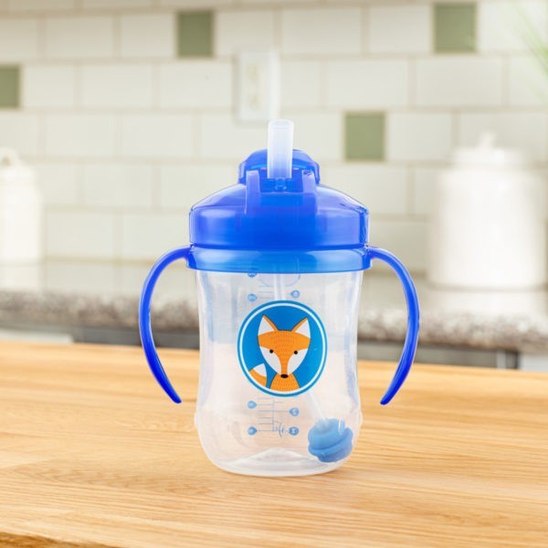 Blue Fox Pink Baby's First Straw Cup Sitting on Kitchen Counter