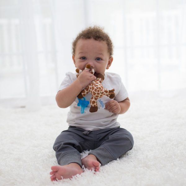Baby sitting on rug with giraffe lovey pacifier and teether holder