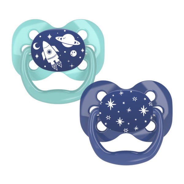 Product image of two science-themed blue and green pacifiers