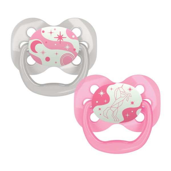 Product image of two glow-in-the-dark pink pacifiers