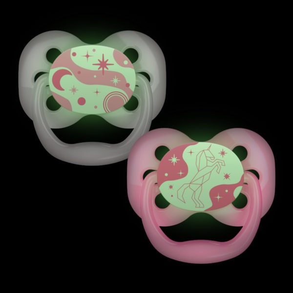 Product image of two glow-in-the-dark pink pacifiers