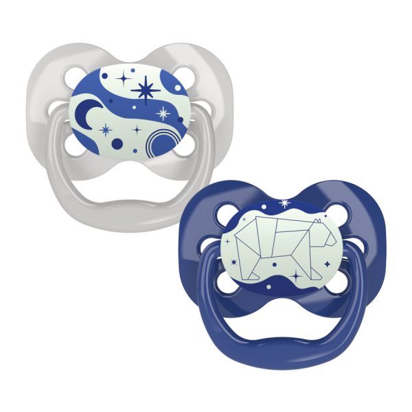 Product image of two glow-in-the-dark blue pacifiers