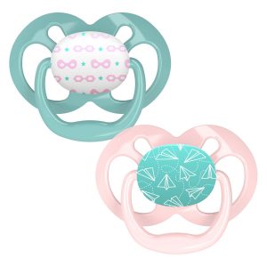 Product image of two pink and green pacifiers