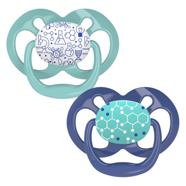 Product image of two space-themed blue and green pacifiers