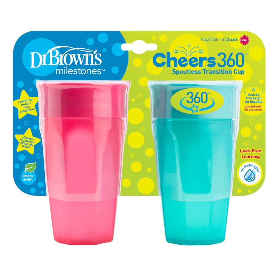 Dr 9m+ 2 Count Blue/Aqua Brown's Cheers 360 Spoutless Training Cup 10 Ounce 