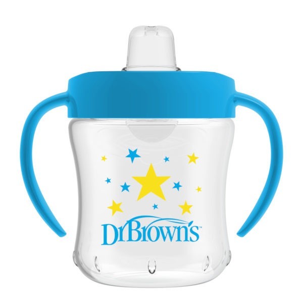 Dr. Brown's Soft Spout Transition Cup, 6 ounce, Blue with lid open