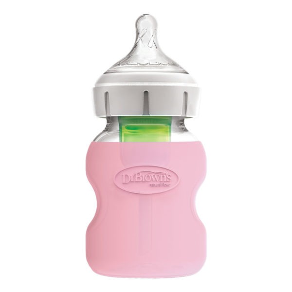 Product image of wide neck glass bottle inside pink sleeve