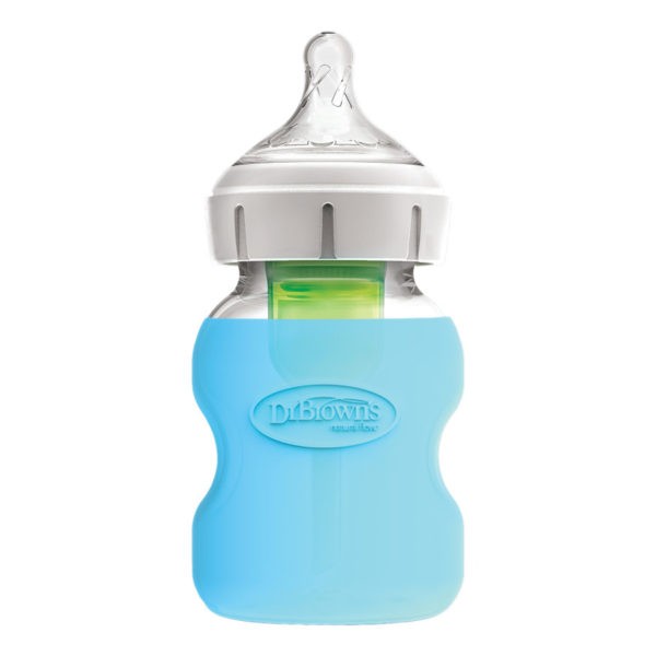 Product image of wide neck glass bottle inside blue sleeve