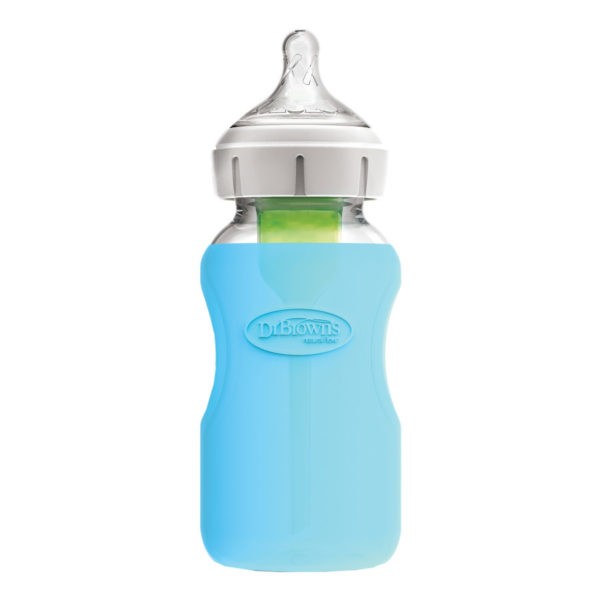 Product image of wide neck glass bottle inside blue sleeve