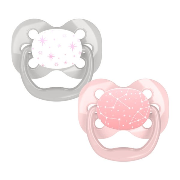 Product image of two star-themed pink and grey pacifiers