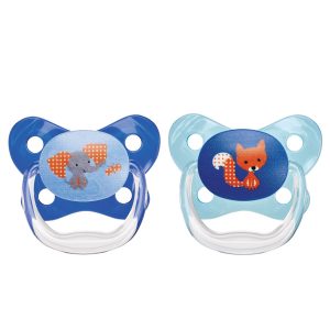 Product image of two animal-themed blue pacifiers