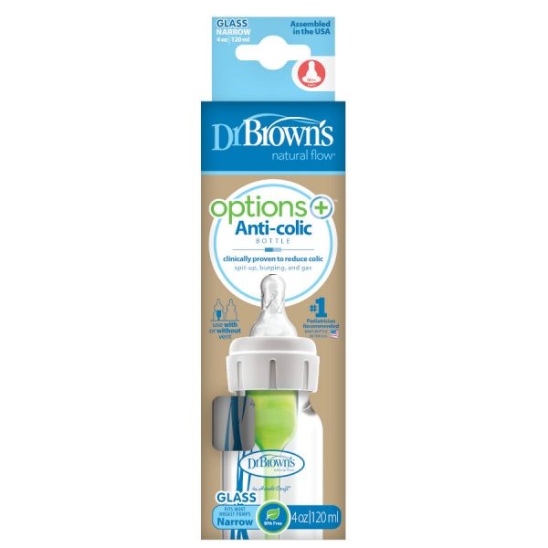 Package of Dr. Brown’s Natural Flow® Options+™ Anti-colic GLASS Baby Bottle, 4oz