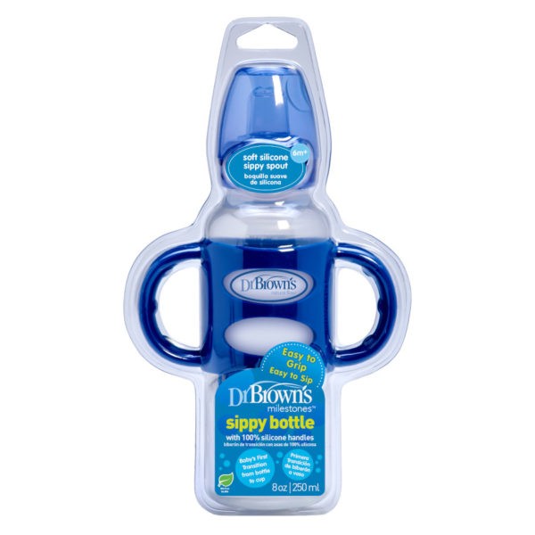 Packaged Blue Sippy Bottle with Silicone Handles