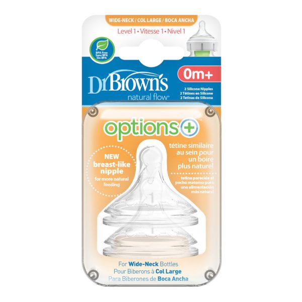 Package of Dr. Brown's Options+ Wide-Neck Bottle Nipple, Level 1 (0m+, Slow Flow), 2 Count