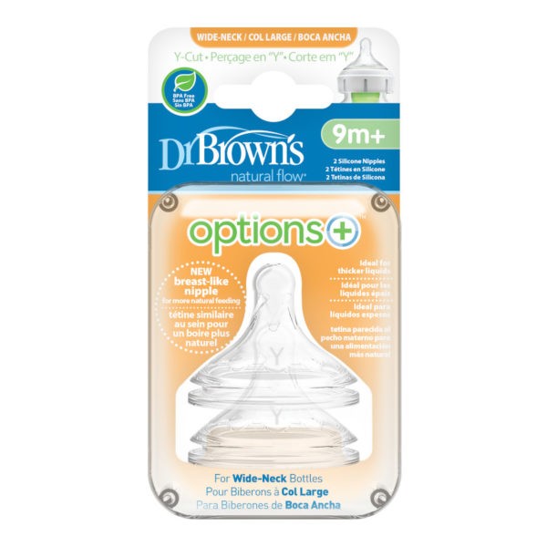 Package of Dr. Brown's Options+ Wide-Neck Bottle Nipple, Y-Cut (9m+, Fastest Flow), 2 Count
