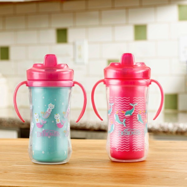 Two pink and mint insulated hard spout cups with purrmaid and narwhal designs