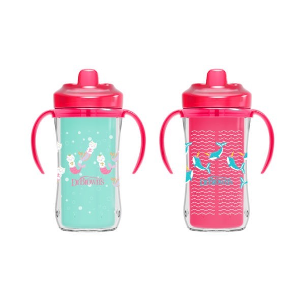 Product image of two pink insulated cups with purrmaid and narwhal design