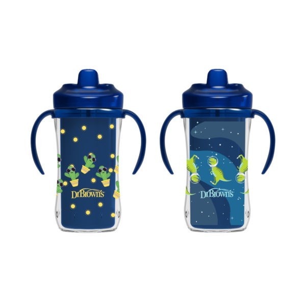 Product image of two blue insulated hard spout cups with cactus and dino design