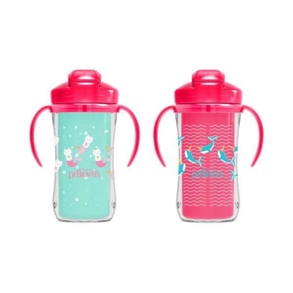 Product image of two pink and green insulated straw cups with purrmaid and narwhal print