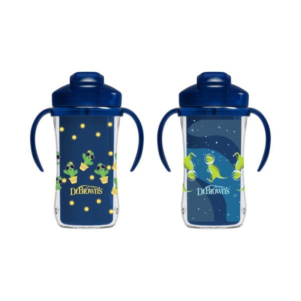 Product image of two blue insulated straw cups with cactus and dino prints