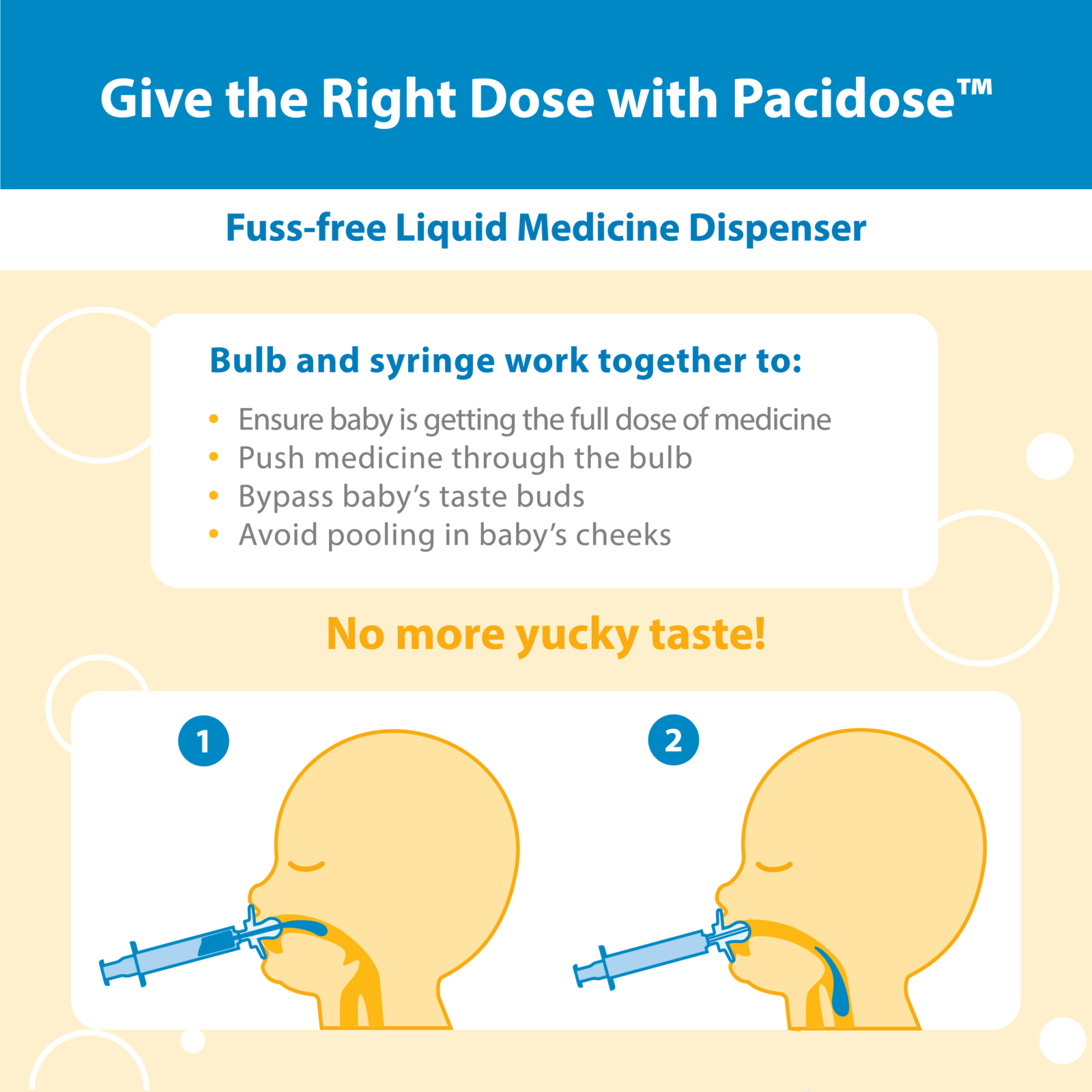 Give the Right Dose with Pacidose™. Fuss free Liquid Medicine Dispenser. Bulb and syringe work together to: Ensure baby is getting the full dose of medicine. Push medicine through the bulb. Bypass baby’s taste buds. Avoid pooling in baby’s cheeks. No more yucky taste!