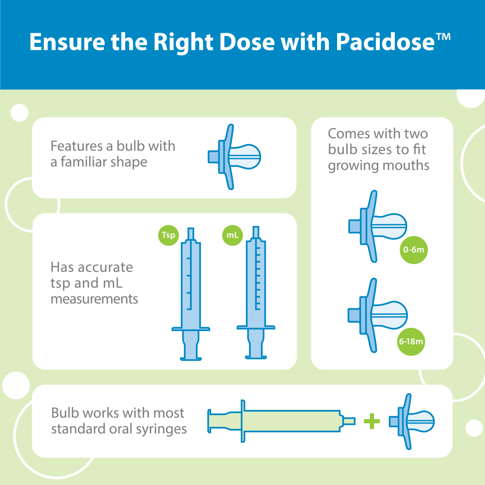 Ensure the Right Dose with Pacidose Features a bulb with a familiar shape. Comes with two bulb sizes to fit growing mouths. Has accurate tsp and mL measurements. Bulb works with most standard oral syringes.