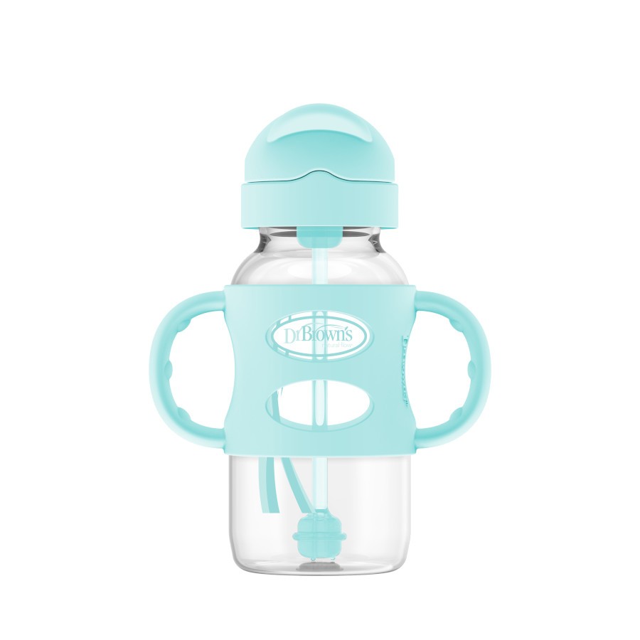 9oz 2pk Blue/Turquoise Brown's Milestones Transition Wide-Neck Sippy Bottle with Silicone Handles 6m+ Dr 