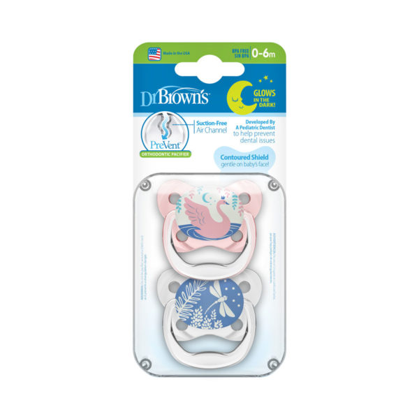 Dr. Brown's™ PreVent™ Contoured Glow-in-the-Dark Pacifiers w/ Swan and Dragonfly, Packaged