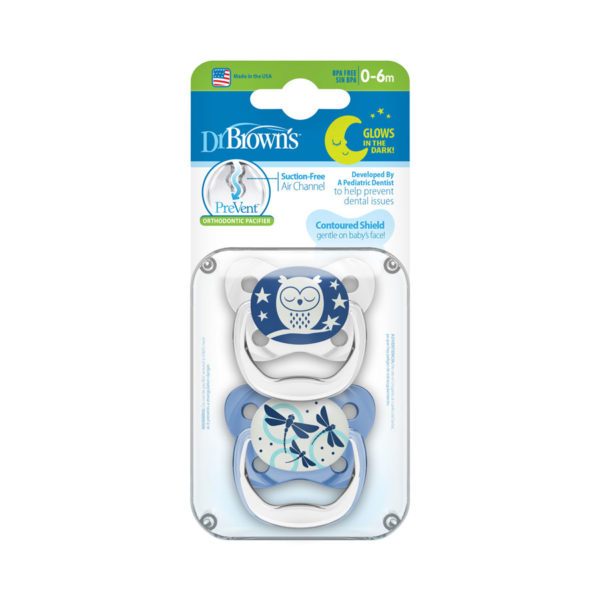 Dr. Brown's™ PreVent™ Contoured Glow-in-the-Dark Pacifiers w/ Owl and Dragonfly, Packaged