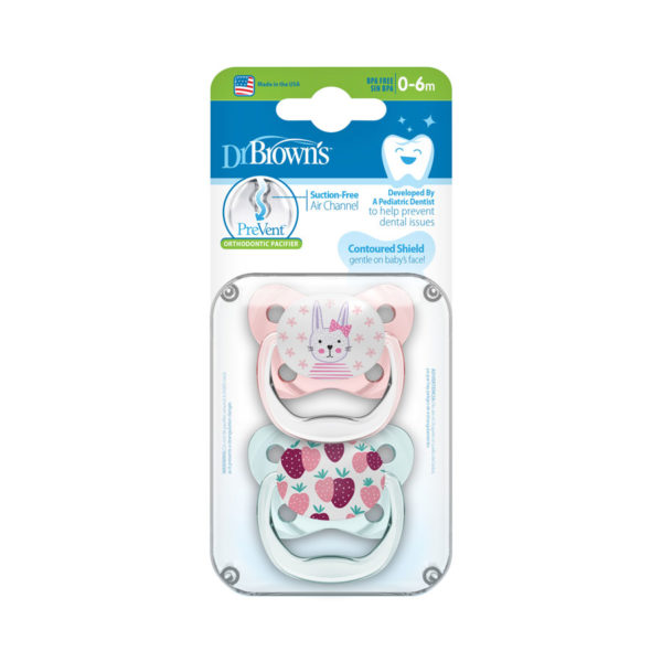 Dr. Brown's™ PreVent™ Contoured Pacifiers w/ Bunny and Strawberries, Packaged