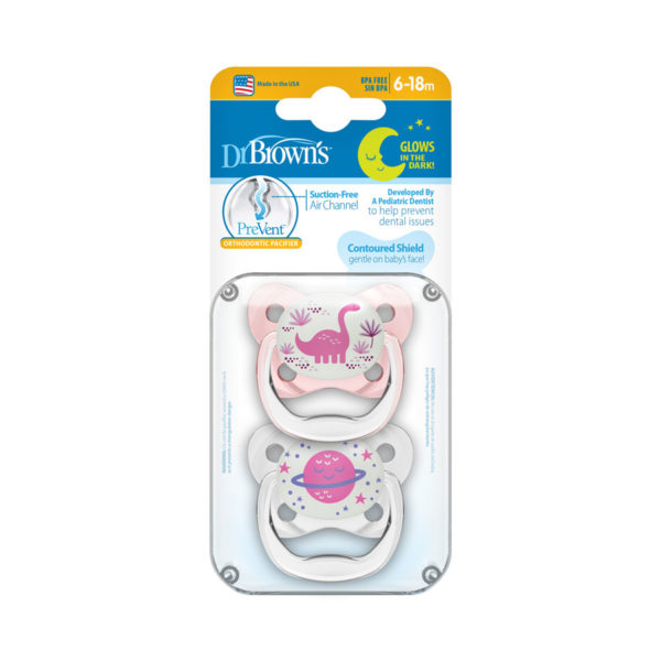 Dr. Brown's™ PreVent™ Contoured Glow-in-the-Dark Pacifiers w/ Dinosaur and Planet, Packaged
