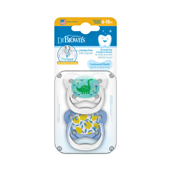 Dr. Brown's™ PreVent™ Contoured Pacifiers w/ Dinosaur and Lemons, Packaged