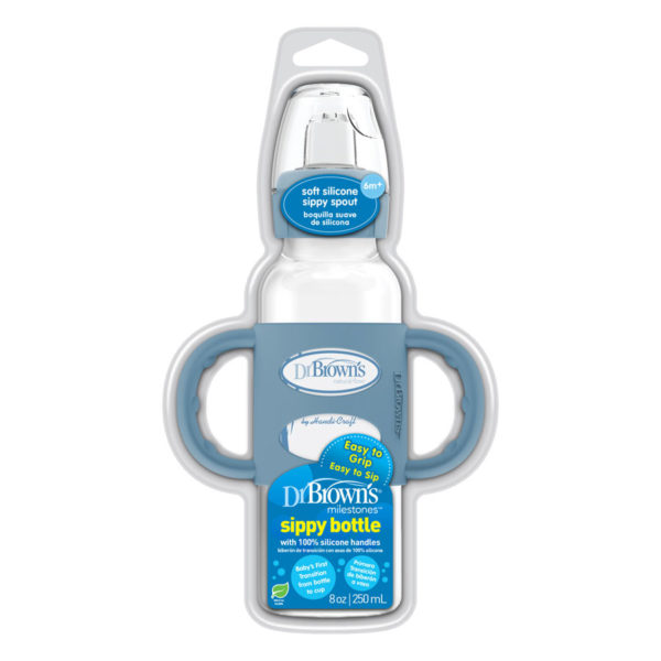 Milestones™ Narrow Sippy Bottle with Silicone Handles, Light Blue, Capped and Packaged