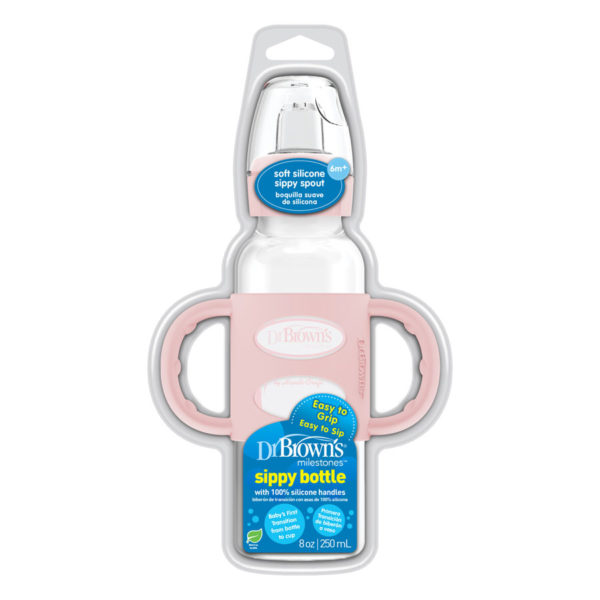 Milestones™ Narrow Sippy Bottle with Silicone Handles, Light Pink, Capped and Packaged