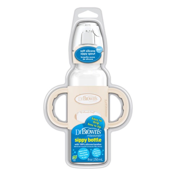 Milestones™ Narrow Sippy Bottle with Silicone Handles, Ecru, Capped and Packaged