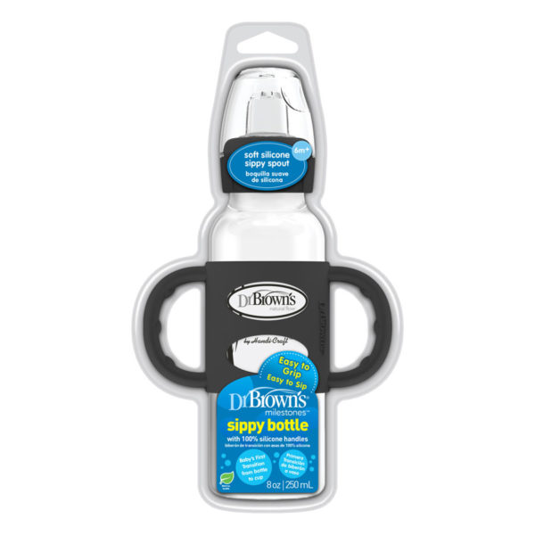 Milestones™ Narrow Sippy Bottle with Silicone Handles, Black, Capped and Packaged