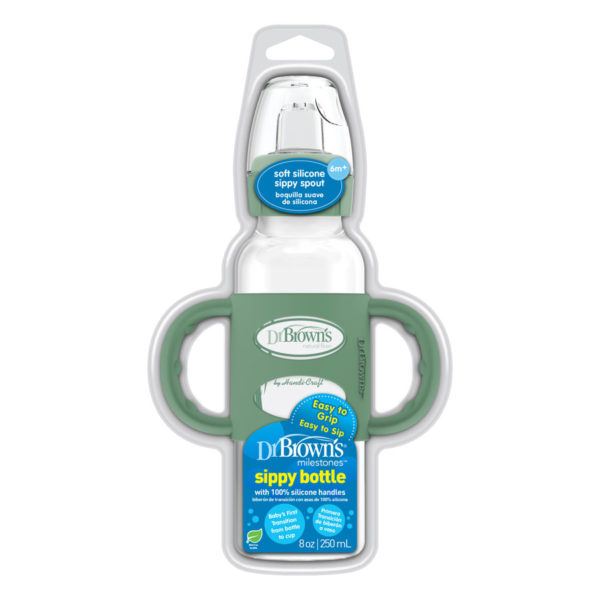 Milestones™ Narrow Sippy Bottle with Silicone Handles, Green, Capped and Packaged