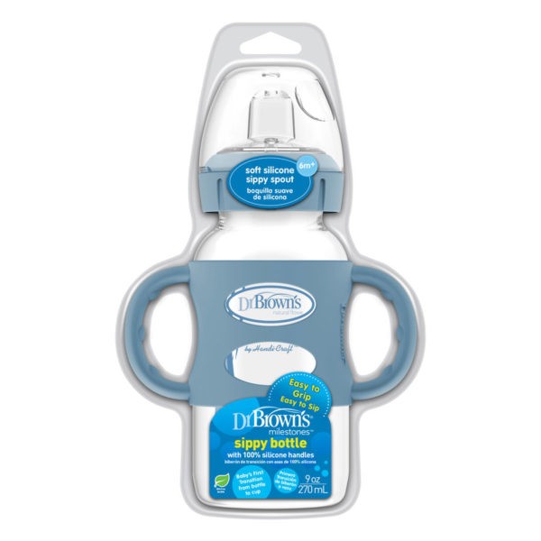 Milestones™ Wide-Neck Sippy Bottle with Silicone Handles, Light Blue, Capped and Packaged