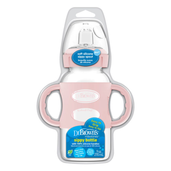 Milestones™ Wide-Neck Sippy Bottle with Silicone Handles, Light Pink, Capped and Packaged