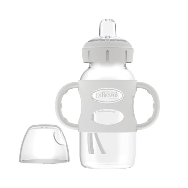 Milestones™ Wide-Neck Sippy Bottle with Silicone Handles, Gray, Uncapped