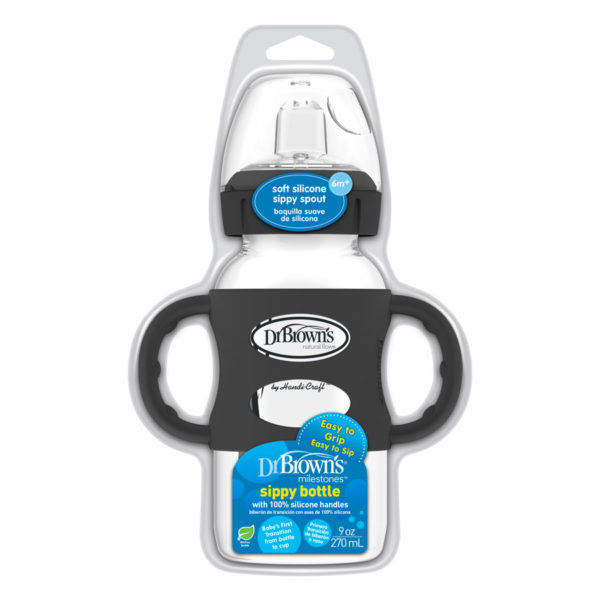 Milestones™ Wide-Neck Sippy Bottle with Silicone Handles, Black, Capped and Packaged