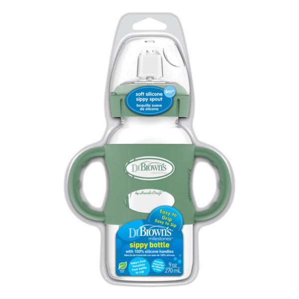 Milestones™ Wide-Neck Sippy Bottle with Silicone Handles, Green, Capped and Packaged