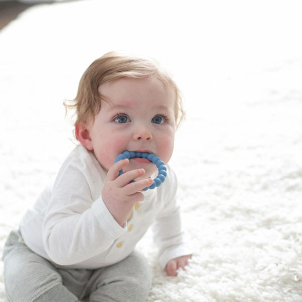 Baby teething with blue Beaded Teether Ring