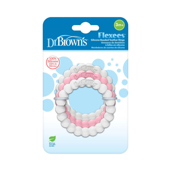 Beaded Teether Ring - Pink, White & Gray, Packaged