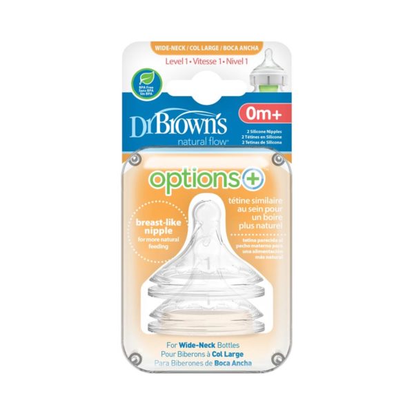 Package of Dr. Brown's Options+ Wide-Neck Bottle Nipple, Level 1 (0m+, Slow Flow), 2 Count