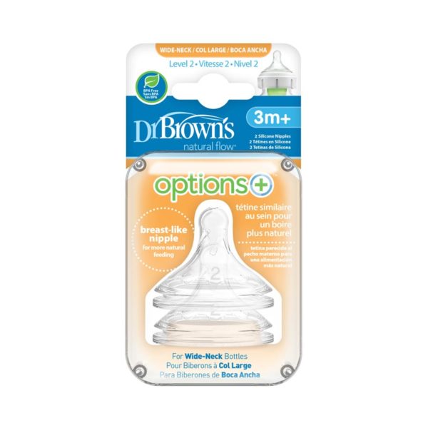 Package of Dr. Brown's Options+ Wide-Neck Bottle Nipple, Level 2 (3m+, Medium Flow), 2 Count