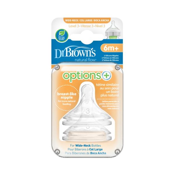 Package of Dr. Brown's Options+ Wide-Neck Bottle Nipple, Level 3 (6m+, Fast Flow), 2 Count