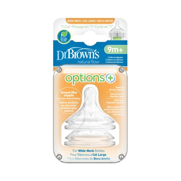 Package of Dr. Brown's Options+ Wide-Neck Bottle Nipple, Y-Cut (9m+, Fastest Flow), 2 Count